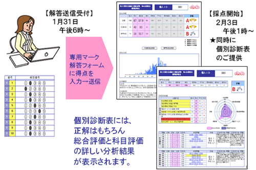 個別診断表には、正解はもちろん総合評価と科目評価の詳しい分析結果が表示されます。